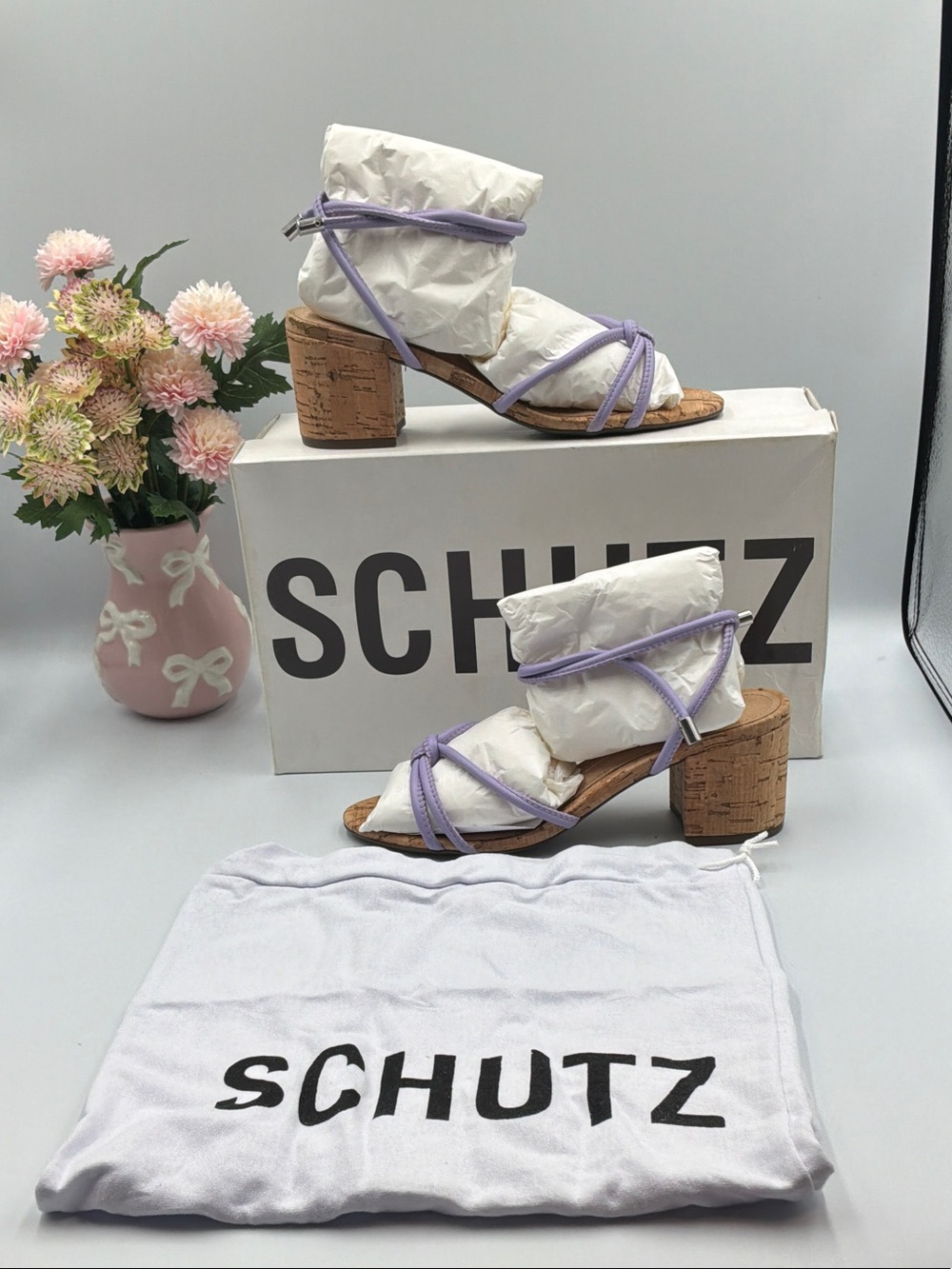 SCHUTZ Lavender Strappy Cork Block Heel Sandals